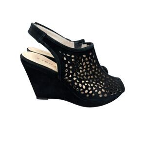Sacha London Wedge Sandals Women 6.5 Black Laser Cut Suede Resort
